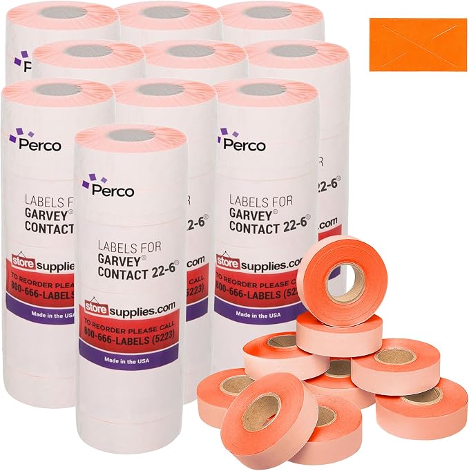 Perco Fluorescent Red Price Marking Labels - 110,000 Blank Labels for Garvey 22-6/22-7/22-8 Price Gun - 90 Rolls, 10 Sleeves - Made in USA