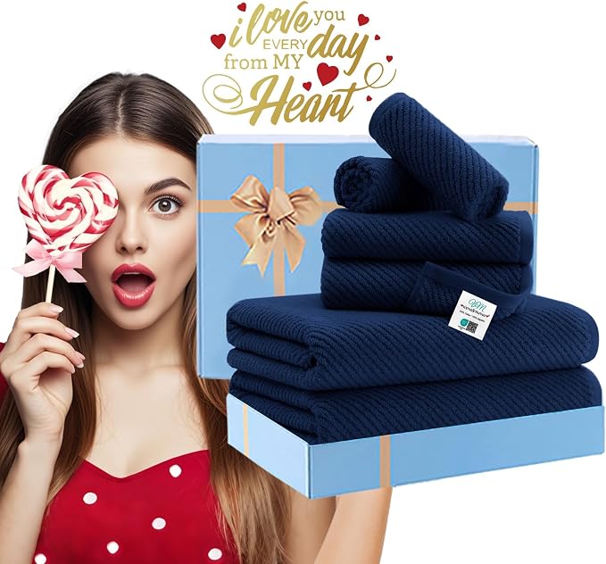 VOOVA & MOVAS 6PC Towel Set, 100% Cotton, Navy Blue | 2 Large Bath 30x56 In, 2 Hand 18x28 In, 2 Washcloths 13x13 In, Quick Dry, Thick, Soft, Quick Dry Towel For Shower
