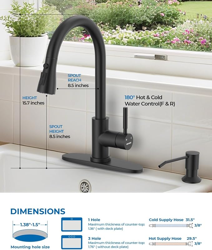 WEWE Kitchen Faucet with Soap Dispenser and Pull Down Sprayer, RV Single Handle Classic 3 Modes Stainless Steel Faucet for Kitchen Sink, RV, Matte Black