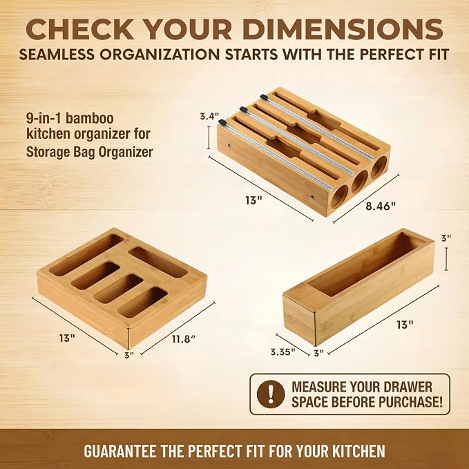 9 in 1 Storage Bag Organizer for Kitchen Drawer, Bamboo Foil and Plastic Wrap with Cutter, Ziplock Bag Organizer for Quart, Gallon, Sandwich & Snack Bags - Aluminum Foil Organizer