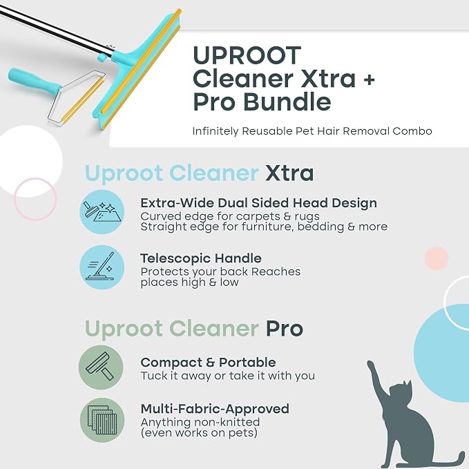 Uproot Clean Pro Bundle: Pet Hair Removal Tool & Carpet Rake w/t 60" Handle | Reusable Pet Hair Removal Set: Scrape Easy the Cat & Dog Fur from Carpets, Rugs, Cat Bed, Car Trunk & More. Patented Design