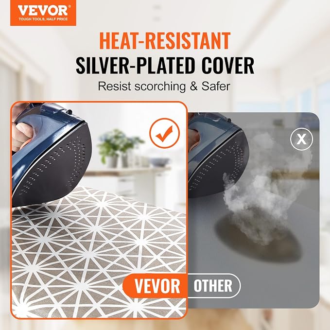 VEVOR Ironing Board with Large 43 x 13 Ironing Surface, Thickened 4 Layers Iron Board with Heat Resistant Cover and 100% Cotton Cover, 7 Adjustable Heights Ironing Board for Home Laundry Room Use