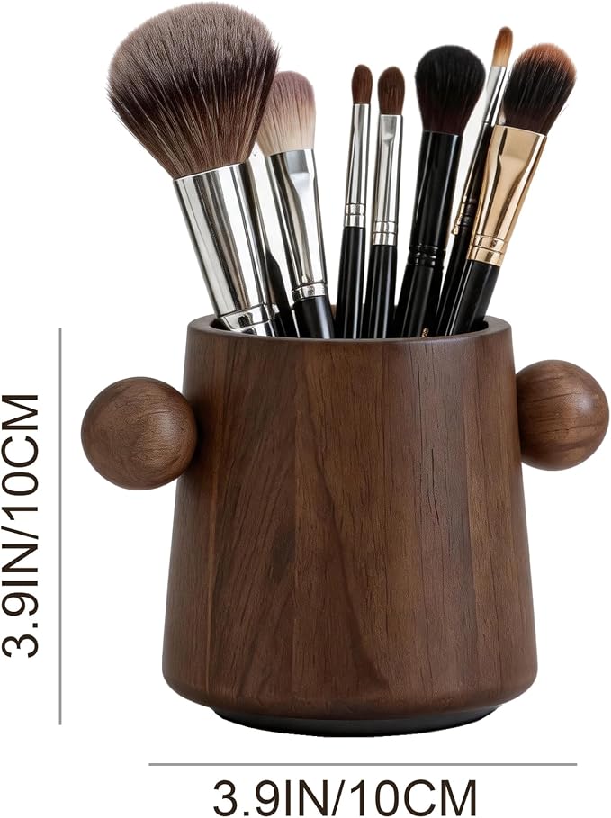 Walnut Wooden Makeup Brush Holder, Rotating Pencil Holder for Desk