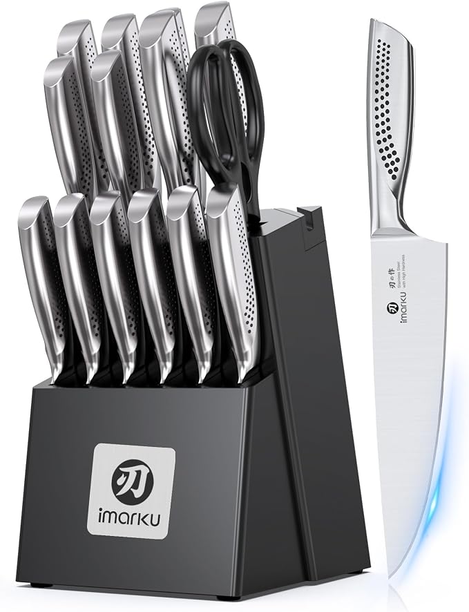 imarku® Kitchen Knife Set, 15 Pcs Japanese Knife Set with Block, Premium Razor-Sharp Chef Knives Set for Kitchen with Sharpener, Rust-Proof, Ergonomic Full-Tang Handle, Black