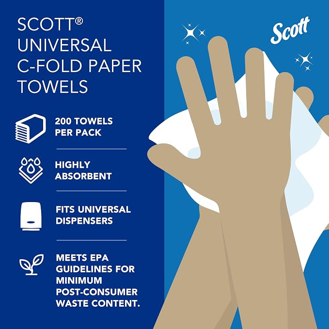 Scott Professional C-Fold Paper Hand Towels, Bulk, 12 x 200 Sheets (01510) | Universal, Standard Tier, Absorbency Pockets, White, Compatible with Universal Folded Towel Dispensers