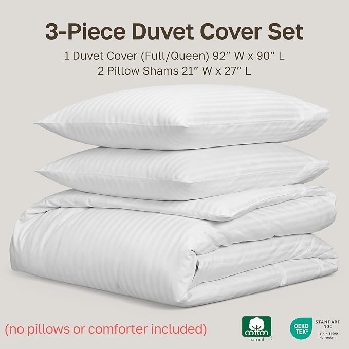 California Design Den Stripe Duvet Cover Queen Size, 400 Thread Count Sateen 100% Cotton Comforter Cover, 2 Pillow Shams, 3-Pc Bedding Set, Button Closure, Corner Ties (White Stripes, Full/Queen)
