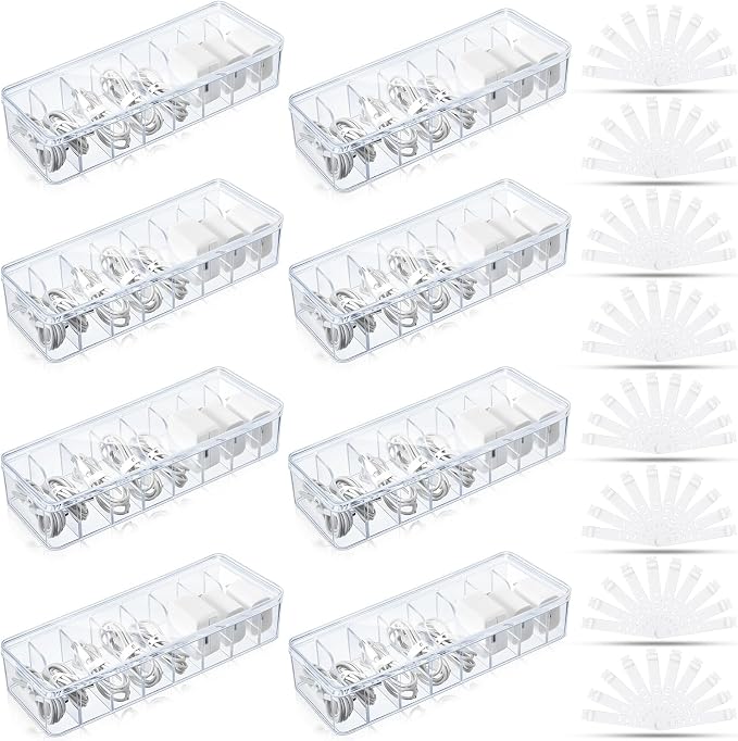 Tatuo 8 Pcs Cable Organizer Box with Wire Ties, Plastic Cord Storage Box with Lid, Electronics Organizer for Home Office Desk Organizers and Accessories (Clear)