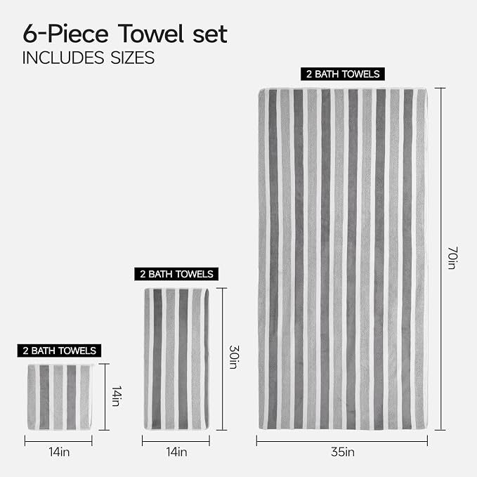 REDKISS 6-Piece Microfiber Bath Towel Set, Ultra Soft, Highly Absorbent & Quick Dry, 35x70 Inch Oversized, Gray Towels for Bathroom, Spa, Gym, 2 Bath 2 Hand 2 Washcloths