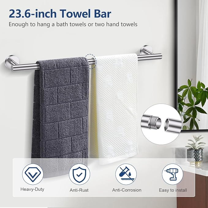 TQKAG Brushed Nickel 5 Piece Bathroom Hardware Accessories Set 23.6" SUS304 Stainless Steel Bathroom Towel Bar Holder Sets Double Post Pivoting Toilet Paper Holder Set Wall Mounted