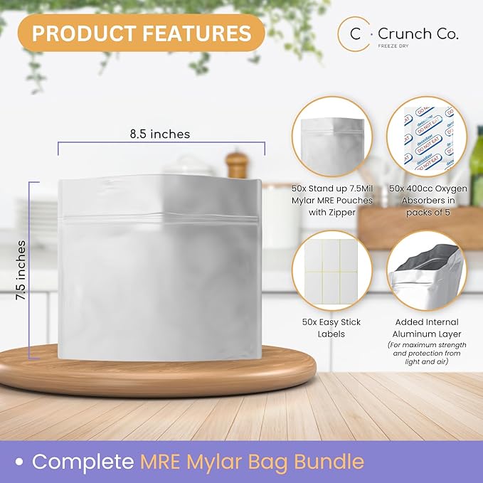 1 Quart MRE Mylar Bag Bundle - 50x (7.5 Mil - 7.5" x 8.5’’) Stand-Up Zipper bags, 50x 500cc Oxygen Absorbers, 50 labels - Heat Sealable & Withstand Boiling Water - Long-Term Food Storage