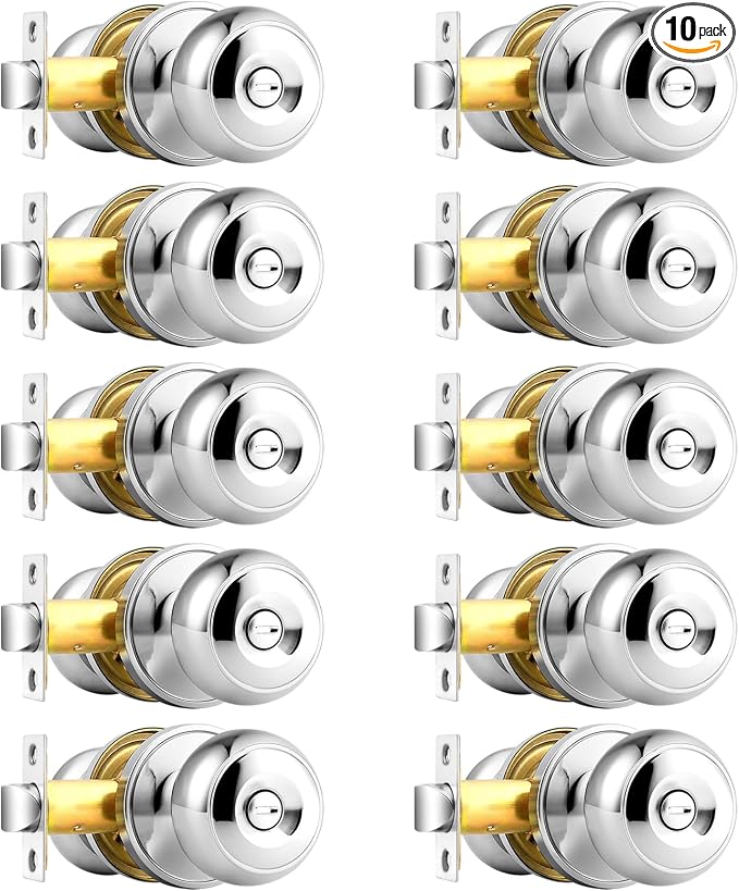 Probrico Polished Chrome Bed/Bath Door Knobs, Privacy Door Locksets, Keyless Interior Door Knobs, 10 Pack