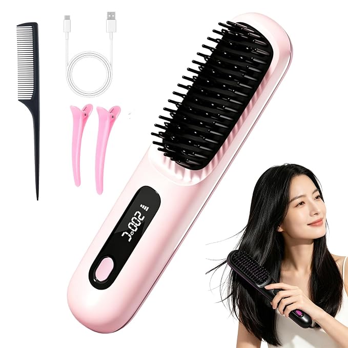 Hair Brush for Short Hair, Straightener Brushs for Travel (Pink) | LCD Temperature Display, Fast Heating Cordless Mini Hair Brushs