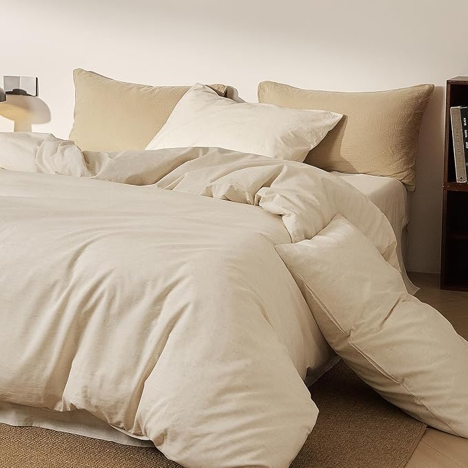 mixinni 3 Piece Washed Cotton Linen Blend Duvet Cover Set King Size, Soft Breathable Farmhouse Beige Neutral Solid Duvet Cover with Natural Linen Texture, 104x90 inches with 2 Pillowcases