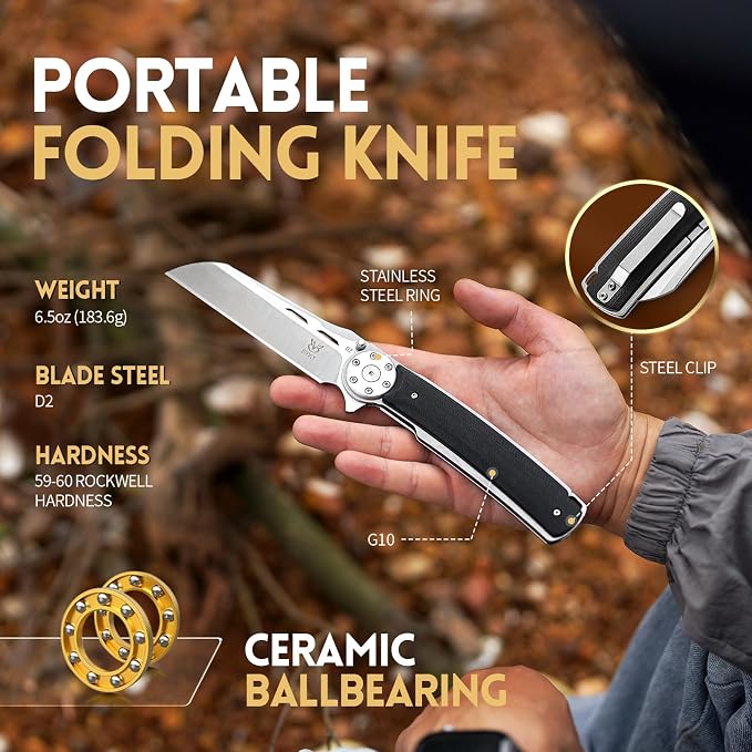 Pocket Knife Folding Knife EDC Knife 9.4in D2 Steel G10 Handle | D2 Steel Blade & G10 Handle: BTFVLY Folding Pocket Knife with sharp blade, durable grip for EDC, camping & outdoor use.