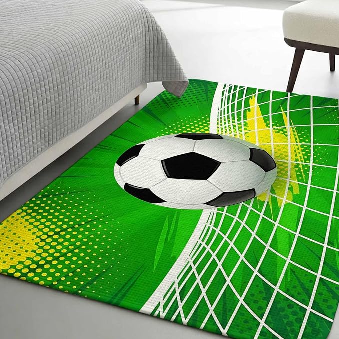 Green Football Washable Area Rugs for Living Room Bedroom, Large Non Slip Indoor Floor Carpet Absorbent Low Pile Soccer Ball Goal Net Vibrant Door Mat Rugs for Bathroom Entryway 63"x78.7"