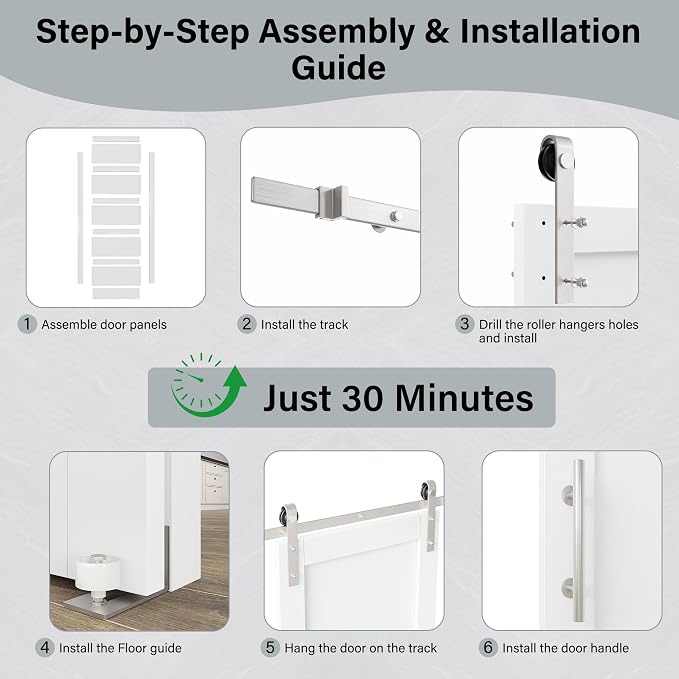 42" x 84" 5-Lites Glass Sliding Barn Door and 7FT Brushed Nickel Hardware Kit, Sturdy & Stable Mortise and Tenon Structure, Water Resistant Barn Doors for Bathroom, Pre-Drilled, Assembly Required