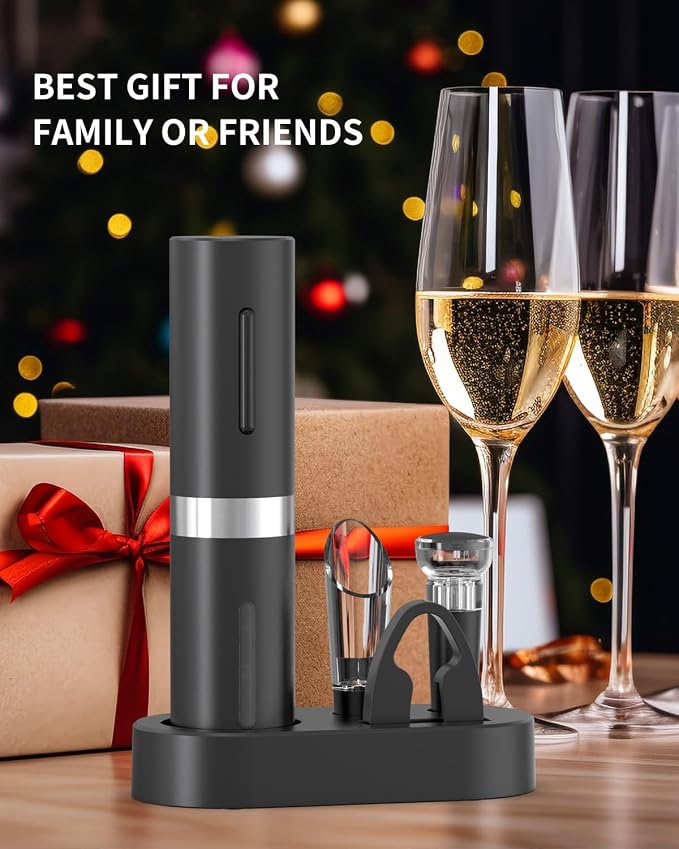 CIRCLE JOY Electric Wine Bottle Opener Set Rechargeable Wine Corkscrew Cordless Wine Set with Charging Base, Foil Cutter, Wine Aerator Pourer and Wine Stopper, Black