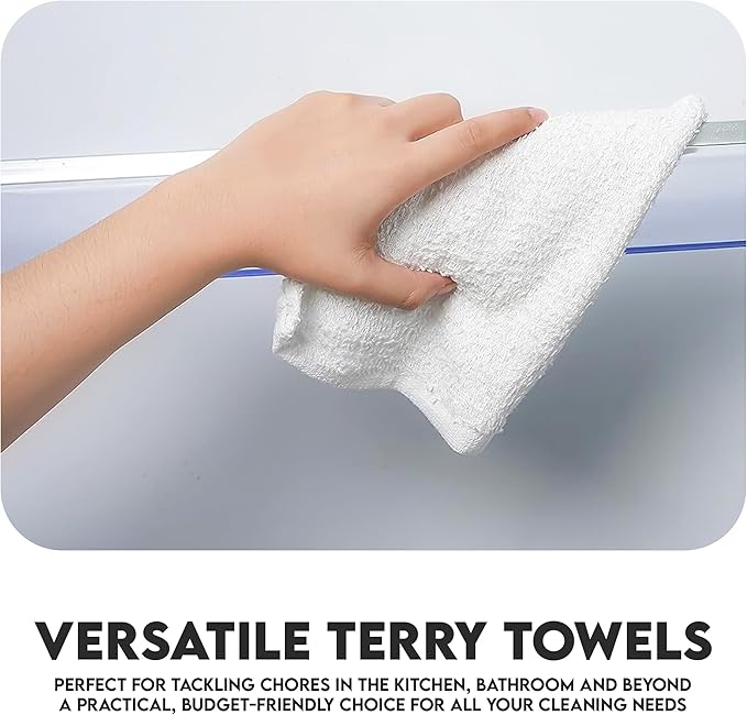 Terry Towels Pack of 120 (14" X 17" Inches) 100% Cotton Terry Barmop Towels - Absorbent & Durable Bar Rags, Multipurpose Cleaning Rags for Home, Automotive & Garage Cleaning Supplies (White)