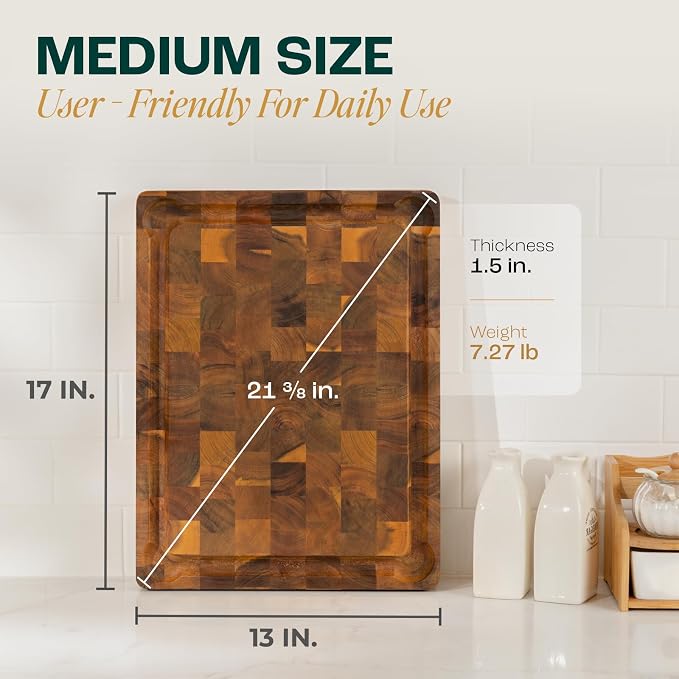 Yes4All Durable Acacia Cutting Boards for Kitchen, [17''Lx13''Wx1.5” Thick] Medium End Grain Cutting Board, Pre Oiled Wood Cutting Boards, Thick Chopping Board w/Juice Grooves and Easy Grip Handle