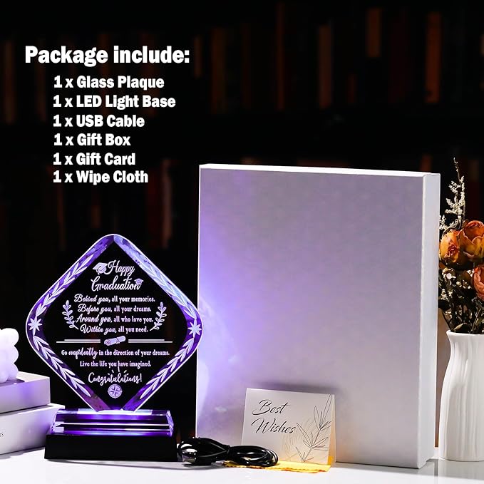 Arikyrist Graduation Gifts for Her Him Crystal Plaque with Light Base Class of 2026 College Graduation Keepsakes for Graduate Congratulations Gifts Idea for High School PHD Masters Degree
