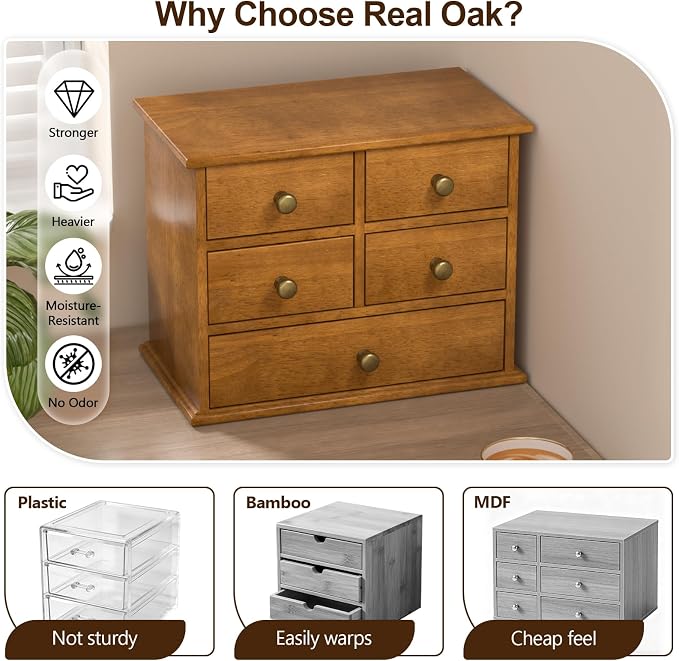 Oak Desk Organizer with Drawers, Durable Wooden Desktop Storage Box with Metal Handles & Non-Slip Silicone Pads, 5 Drawer Tabletop Organizer for Office, Bedroom, Bathroom, Vanity, and Makeup – Walnut