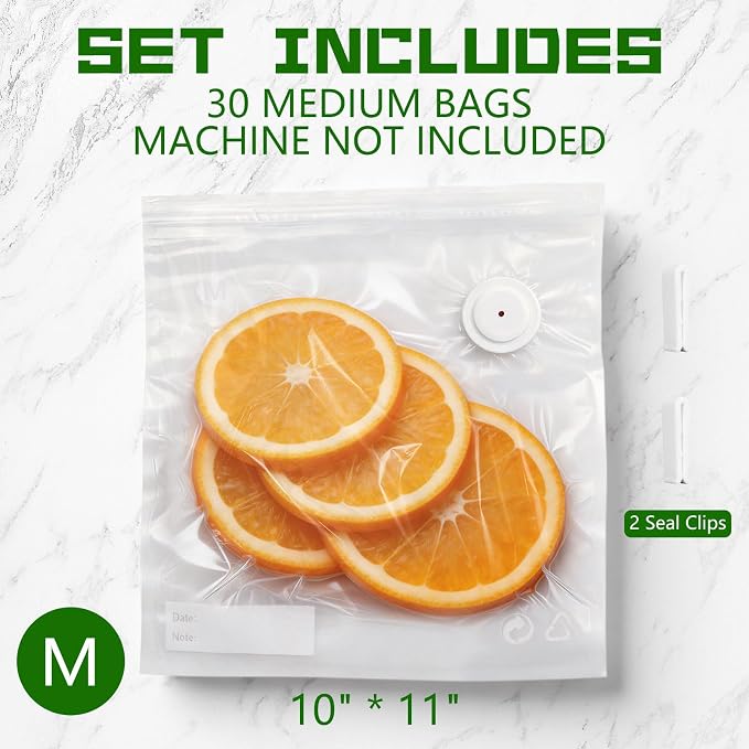 30-Pack Medium Vacuum Sealer Bags & 2 Bonus Sealing Clips, Compatible with Chef Preserve – BPA-Free (10 x 11 in) Reusable Food Storage Bags for Freezer, Microwave, Sous Vide – Leak-Proof
