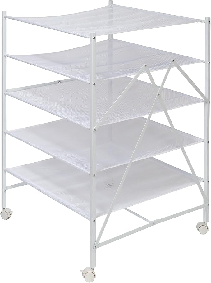 Honey-Can-Do 5-Tier Mesh Laundry Drying Rack with Wheels, Soft Nylon Flat Drying for Sweaters Delicates, Foldable Rolling Clothes Rack, 43 Linear Feet, Holds 30 lbs, White