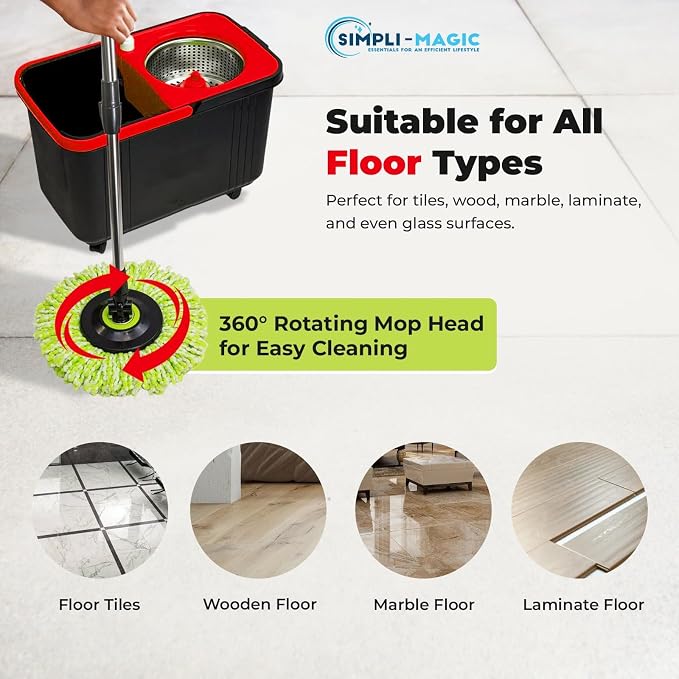 Simpli-Magic 360° Spin Mop and Bucket with Wringer – 3 High-Absorbent Microfiber Washable Heads, Soap Dispenser – Spinning Mop and Bucket Set for All Types Floor Cleaning