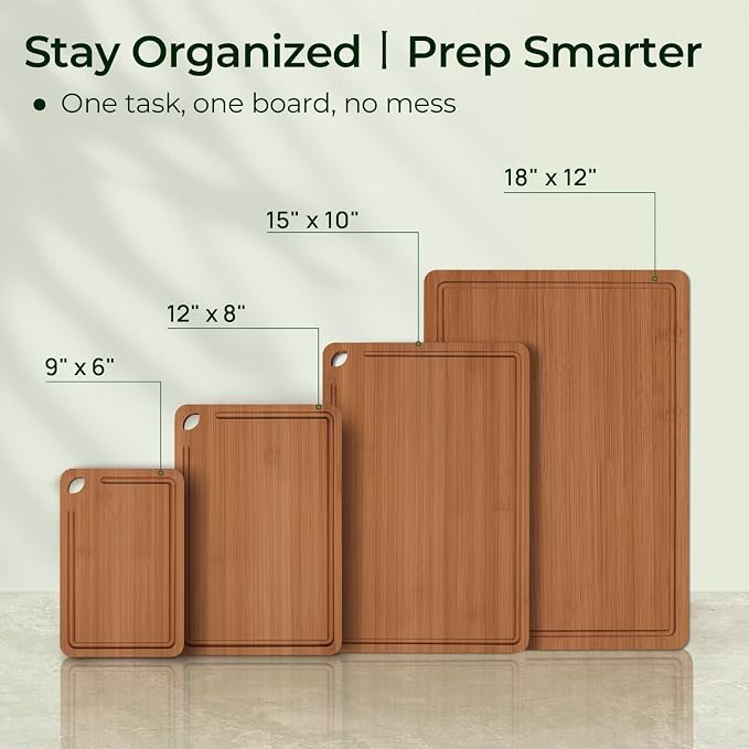 Keechee Carbonized Bamboo Cutting Board Set of 4, Kitchen Prep Boards | Deep juice grooves, built-in handles, 4 different sizes for full kitchen tasks and charcuterie
