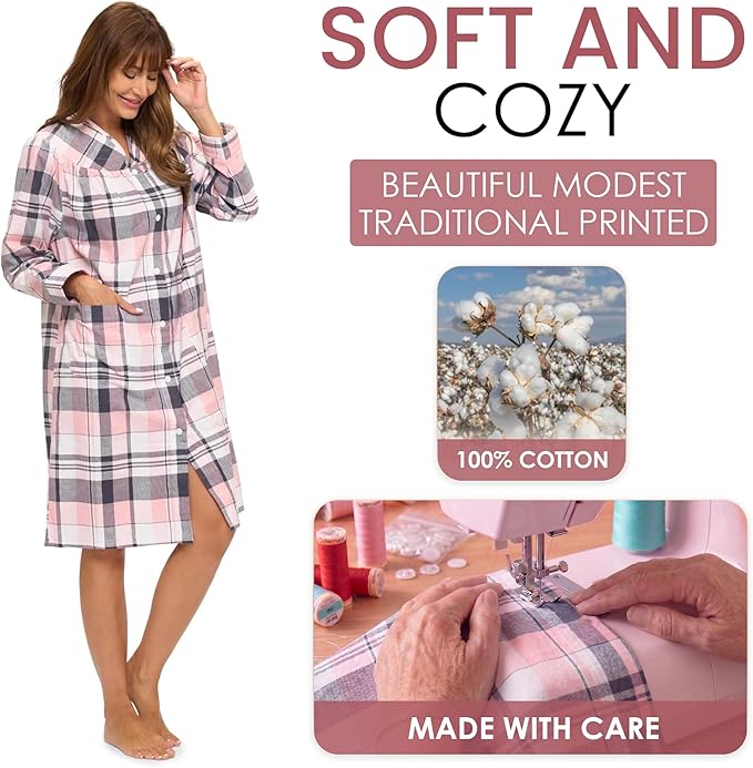 Casual Nights Women's Floral Snap Front Flannel Duster Long Sleeve Lounger Dress