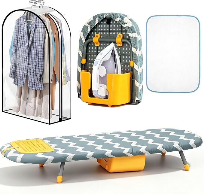 Small Ironing Board with Iron Holder, Tabletop Ironing Board with Iron Rest Pad, Compact Foldable Iron Board for Travel Home with Protective Press Cloth Sapce Saving (Grey)