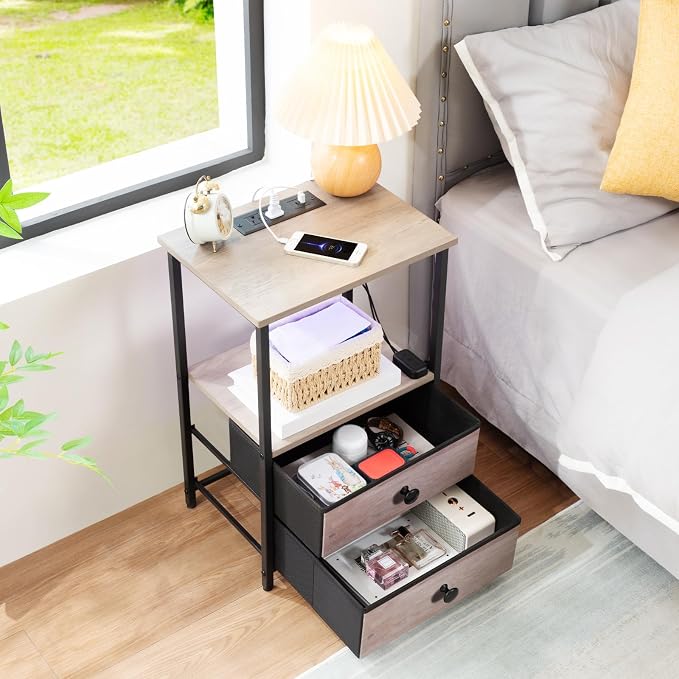 Nightstands Set of 2, LED Night Stand with Charging Station | Bedside Table with Type-C Outlets & 2 Fabric Drawers, End Tables with Storage Shelf for Bedroom, Small Spaces, Grey
