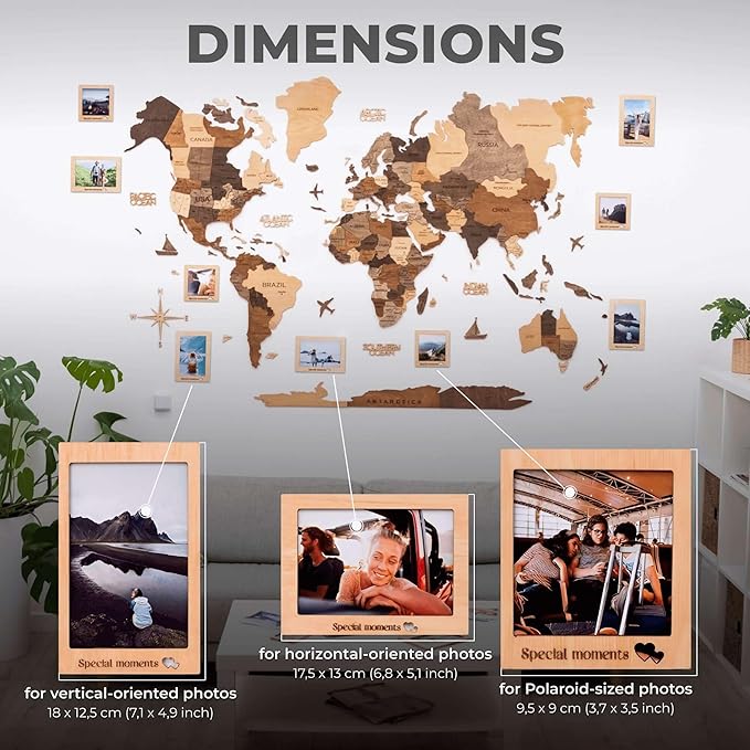 Enjoy The Wood 3D Wooden World Map Wall Art - Large Travel Map with Pins for Art Decor - Decorative Map of the World for Home, Office - Travel Wall Art Housewarming Gift Idea (Photo Frames, Pins)