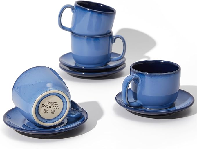 Pokini Stoneware Coffee Cups with Saucers, 6 Oz Cappuccino Cups Set of 4, Microwave & Dishwasher Safe, Perfect For Tea, Espresso, Latte, Ceramic Mugs for Kitchen or Cafe, Light Blue