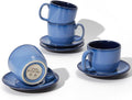Pokini Stoneware Coffee Cups with Saucers, 6 Oz Cappuccino Cups Set of 4, Microwave & Dishwasher Safe, Perfect For Tea, Espresso, Latte, Ceramic Mugs for Kitchen or Cafe, Light Blue