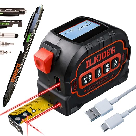 4-in-1 Digital Laser Tape Measure - Multitool Pen, 196ft Laser Measuring Tool, 16ft Measuring Tape, Crosshair Line Laser Level, Area/Volume/Pythagorean, Woodworking Tools, DIY, Ft/Ft+in/in/M Unit, edc