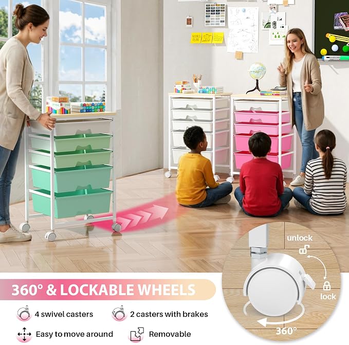 Goovilla Rolling Cart with 5 Drawers for Craft, Art, Dorm, Office, Pink | Utility Cart Organizer With 5 Removable Drawers and Wooden Tabletop, Lockable Rolling Storage Organizer for Classroom, Home