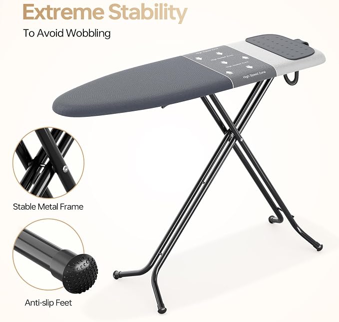 Foldable Ironing Board Standard Size, Iron Board Table Stand Foldable, Space-Saving Iron and Ironing Boards Set, Folding Ironing Boards Full Size with High Speed Zone & Silicone Rest 13x43 Steel Gray