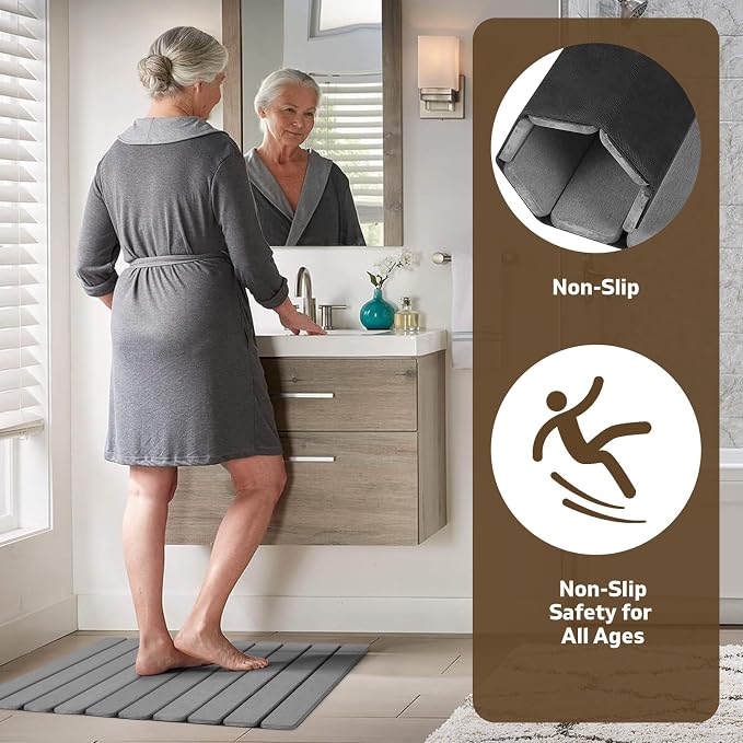 Foldable Stone Bath Mat, 2 PCS Quick-Dry Diatomaceous Earth Stone Drying Mat for Bathroom, Non-Slip Rubber Base, Shower Mat Outside Shower, Easy to Store, Easy to Clean (Grey 24"×16" & 8"x4")