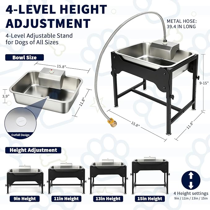 BWOGUE 3 Gal Automatic Dog Water Dispenser, Elevated Outdoor Bowl for Dogs | Automatic Water Dispenser for Dogs, Stainless Steel Pet Waterer, 9/11/13/15 in Stand, Float Valve, Big Dogs Pets Livestock
