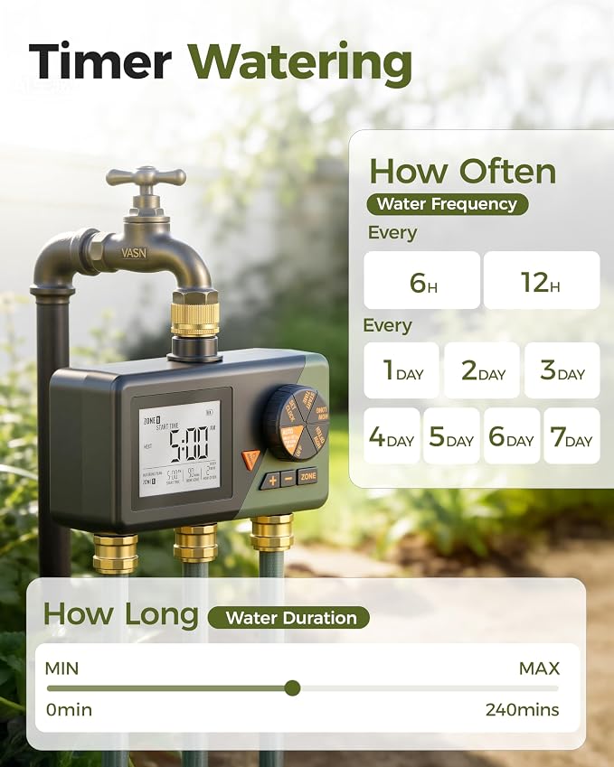 Brass Sprinkler Timer 3 Zone, Diivoo Water Hose Timer 3 Outlet for Garden, Programmable Automatic Irrigation with Rain Delay and Manual/Auto Mode Watering for Lawn, Yard, Pool
