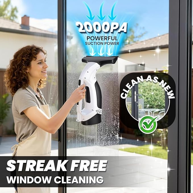 Window Vacuum Squeegee Electric Window Cleaner Window Cleaning Tool with 150ml Dirty Water Tank, Extension Handle for Shower Glass, Window Cleaning Car Windows Tiles Mirrors Glass