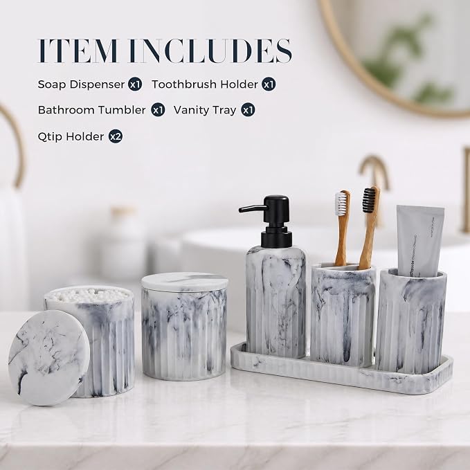INIUNIK Bathroom Accessory Set, 6 Pieces, Marble White | Resin, Bathroom Accessories Set, with Soap Dispenser Set, Toothbrush Holders, Tumbler, Vanity Tray & 2 Qtip Holder