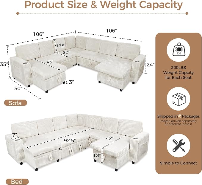 Oversized U-Shaped Sectional Sleeper Sofa for Living Room, Beige | Modular Design, Pull Out Bed, Hidden Storage Space, Soft Corduroy, USB Charging, Cup Holders, Easy Assembly