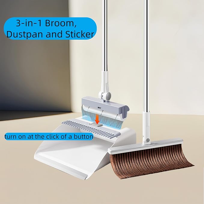 SDSM Broom with Dustpan Combo Set, 3 in 1 Multifunctional Broom and Dustpan with 43" Long Handle, Concealed Lint Roller, for Clean Home Kitchen Bathroom Office, Indoor Outdoor Floor