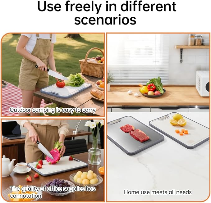 Titanium Cutting Board Set of 2 for Kitchen, Non Toxic Cutting Board Double Sided Food Grade, 2-in-1 Pure Titanium and Wheat Straw PP, Chopping Board for Meat and Fruit, Easy to Clean