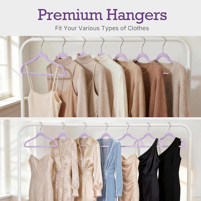 HOUSE DAY Lt-Purple Velvet Hangers 60 Pack, Non Slip Clothes Felt Hanger Heavy Duty for Coat, Premium Slim Space Saving Suit Hangers for Closet Organizer, 360° Rotating Silver Hook