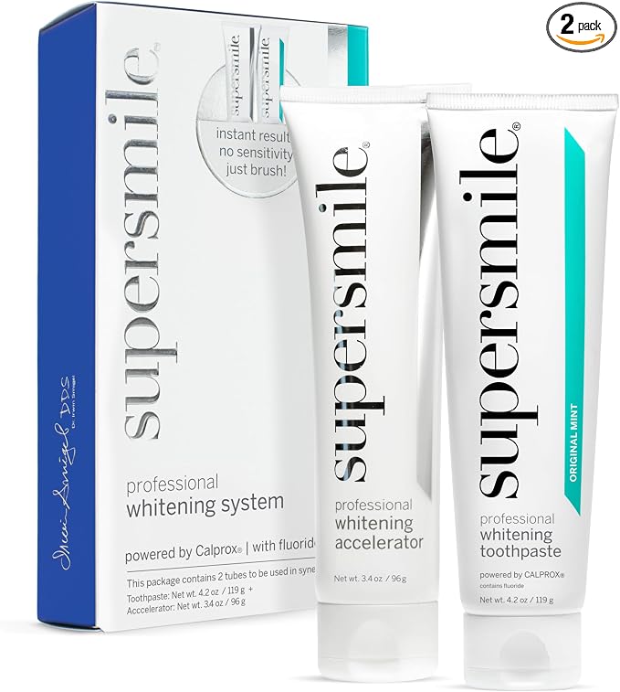 Supersmile Professional Whitening System, Toothpaste + Accelerator, 4.2 Oz | 2-Step Calprox® System, Whitens Up to 7 Shades in 7 Days, RDA 65 Low Abrasion, Veneer Safe, Cavity Protection