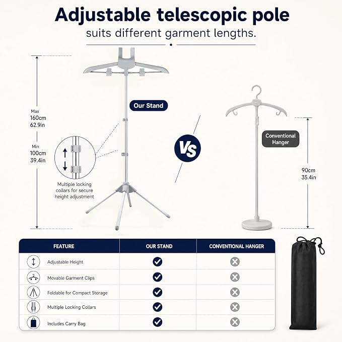 Foldable Steamer Stand – Adjustable Clothes Hanger Rack for Travel | Foldable Steamer Stand with Ironing Gloves, Lint Remover, Storage Bag & Portable Ironing Board – Ideal for home & travel.
