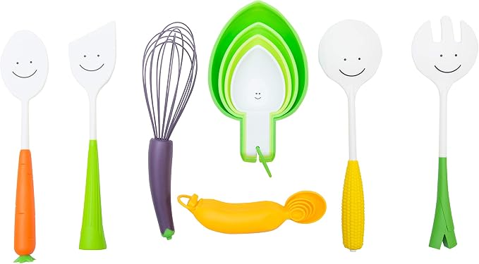 7-Piece Utensil Set - Sensory Friendly - Best Multicolor Kitchen Tools & Gadgets - Mixing Spoon, Spatula, Salad Servers, Whisk, Measuring Cups & Spoons
